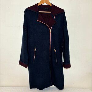 Diesel Bice Designer Type Navy Blue & Burgundy Contrasts Zip Sweater Coat Size M